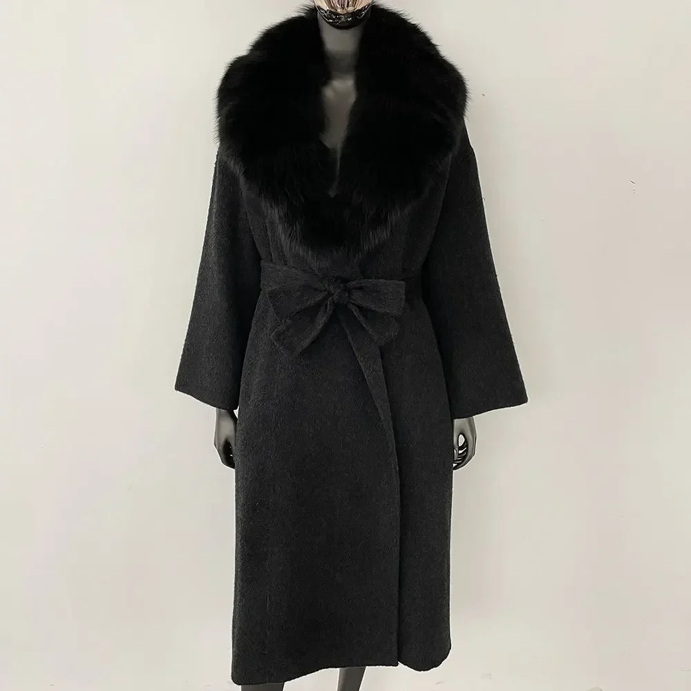 ALIEN SUPERSTAR – Cashmere Wool Coat with 100% Natural Fox Fur BLACK S