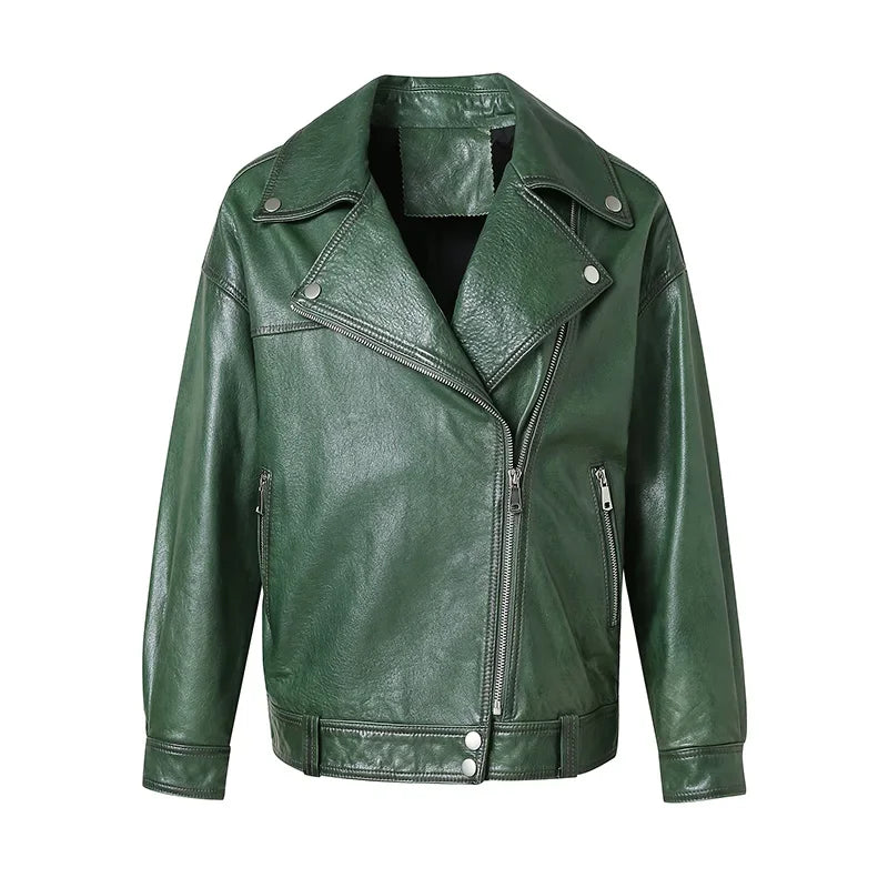 VERDURE – Genuine Sheepskin Leather Biker Jacket GREEN L