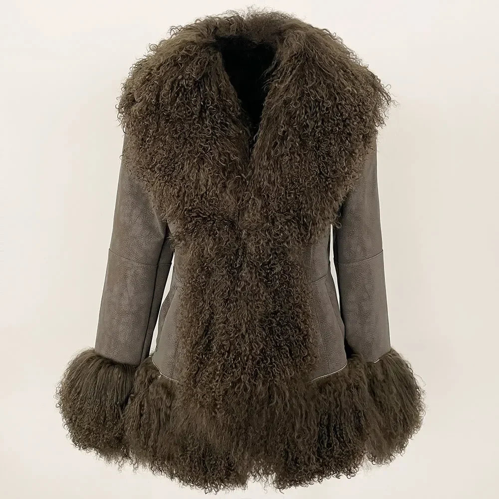 111 – Natural Mongolian Sheepskin Leather and Fur Jacket BROWN M