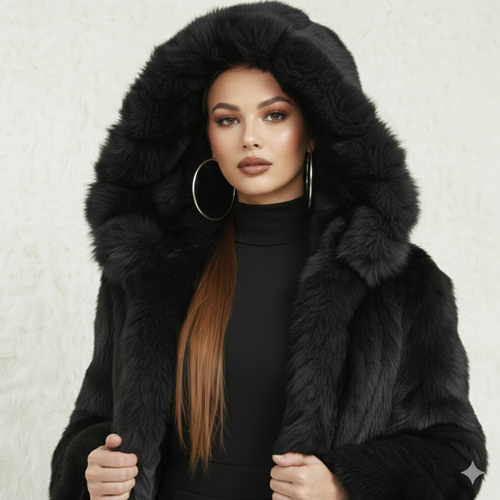 FAUX HOODED FUR COAT
