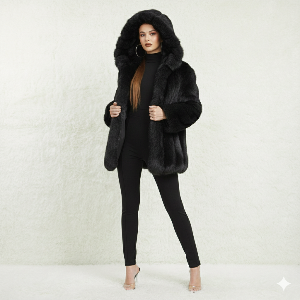 FAUX HOODED FUR COAT