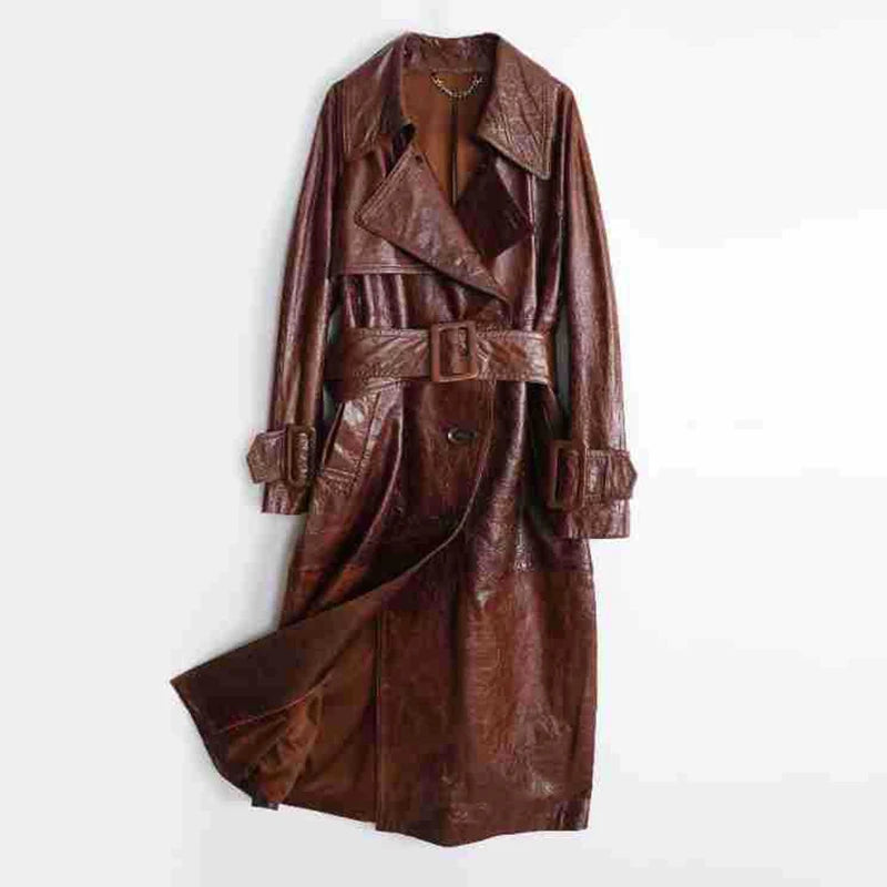 HERITAGE – Vintage Waxed Genuine Cowhide Leather Trench Coat CHESTNUT XS