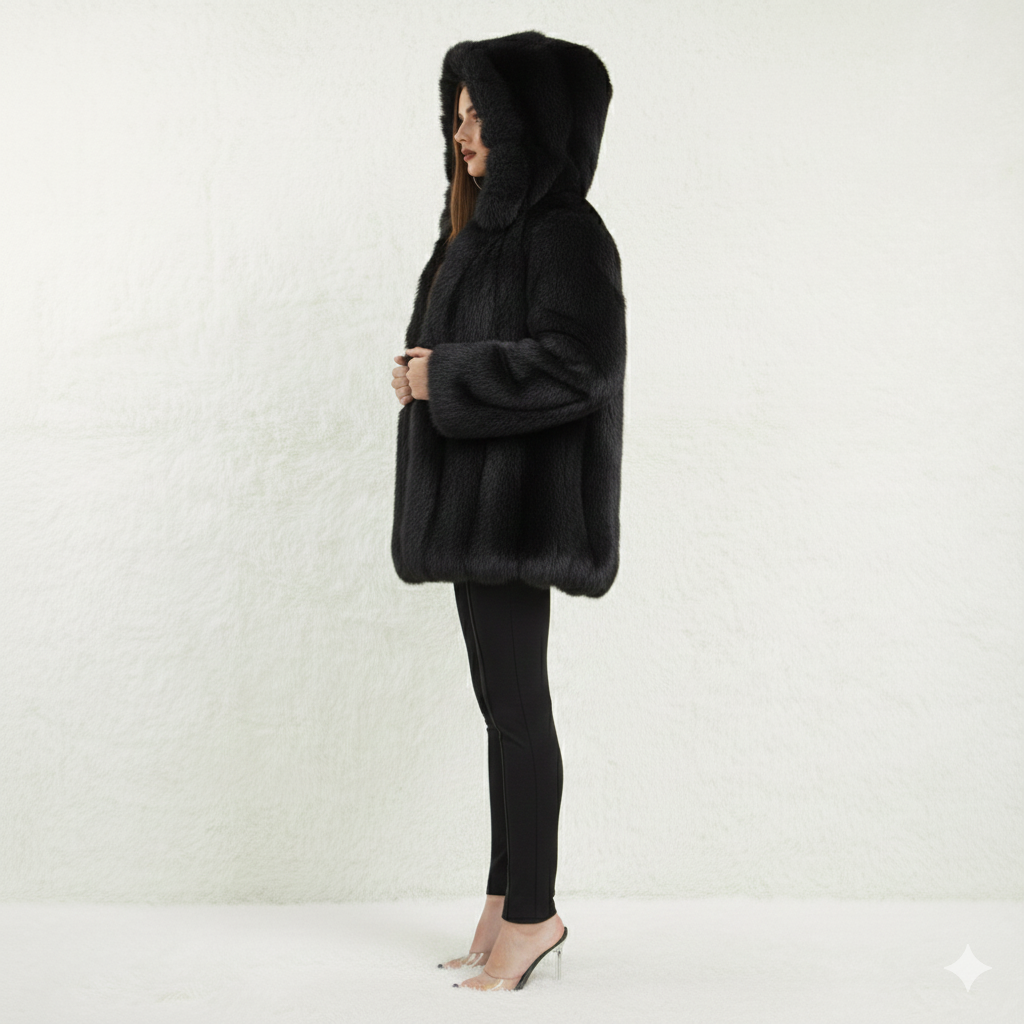 FAUX HOODED FUR COAT