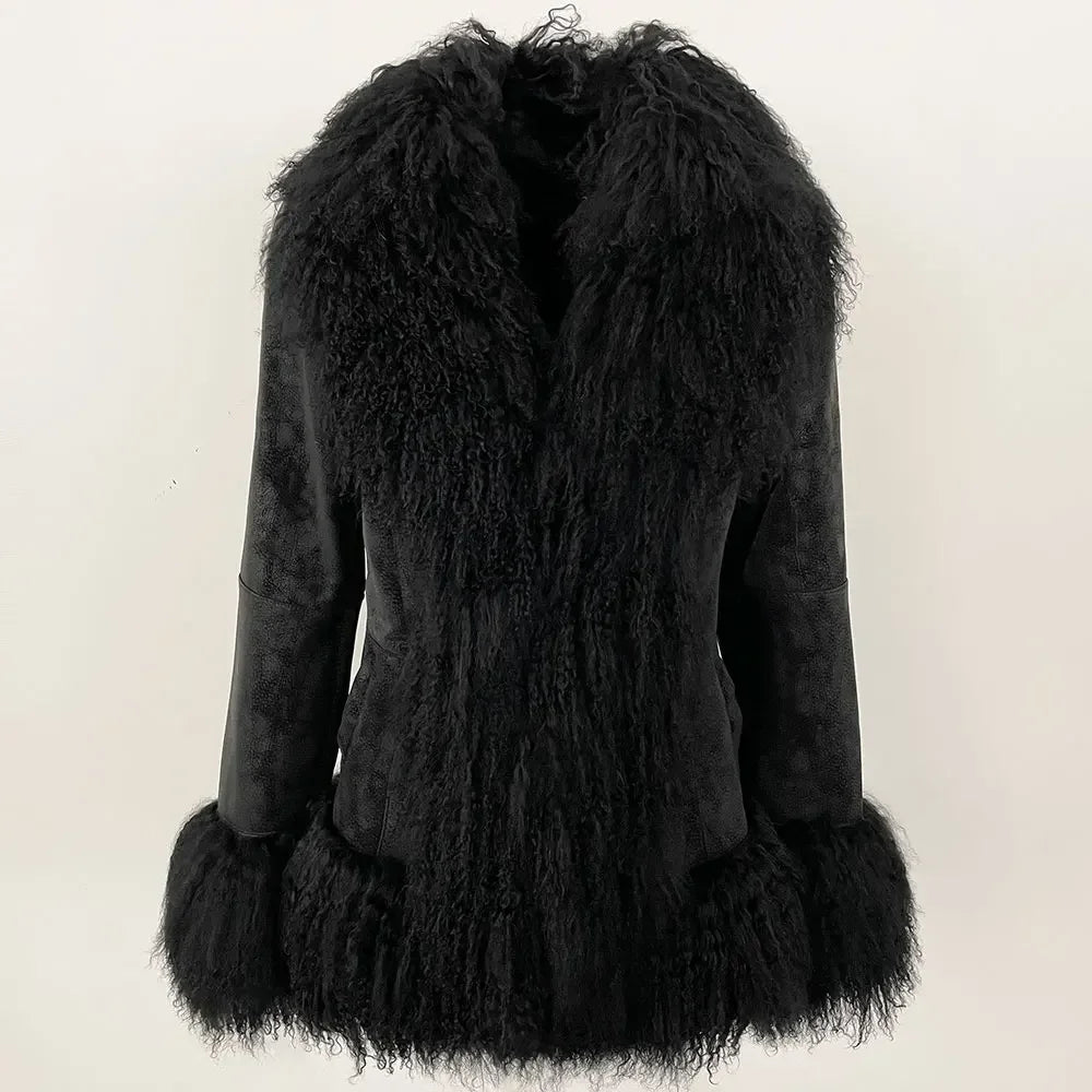 111 – Natural Mongolian Sheepskin Leather and Fur Jacket BLACK XXXL
