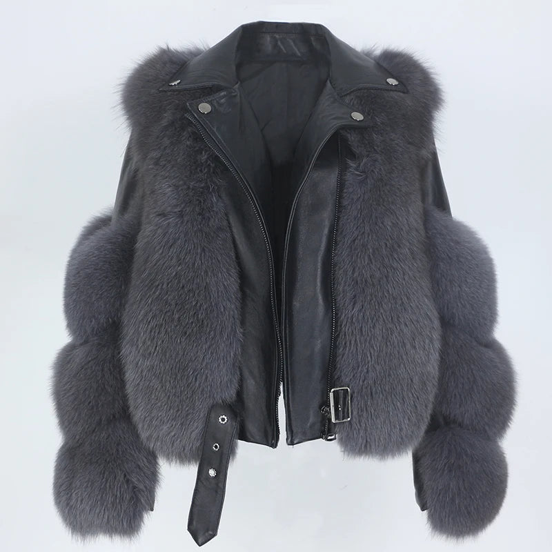 MAVERICK – Sheepskin Leather Biker Jacket with Natural Fox Fur DARK GREY