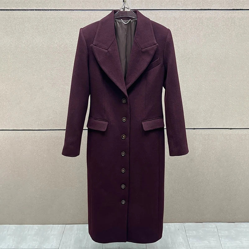 AURELIAN – Single-Breasted Long Trench Coat with Shoulder Pads and Slim Fit WINE RED M
