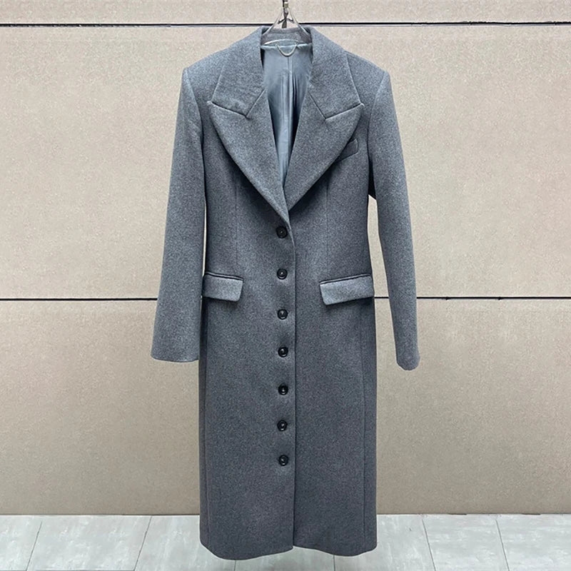 AURELIAN – Single-Breasted Long Trench Coat with Shoulder Pads and Slim Fit