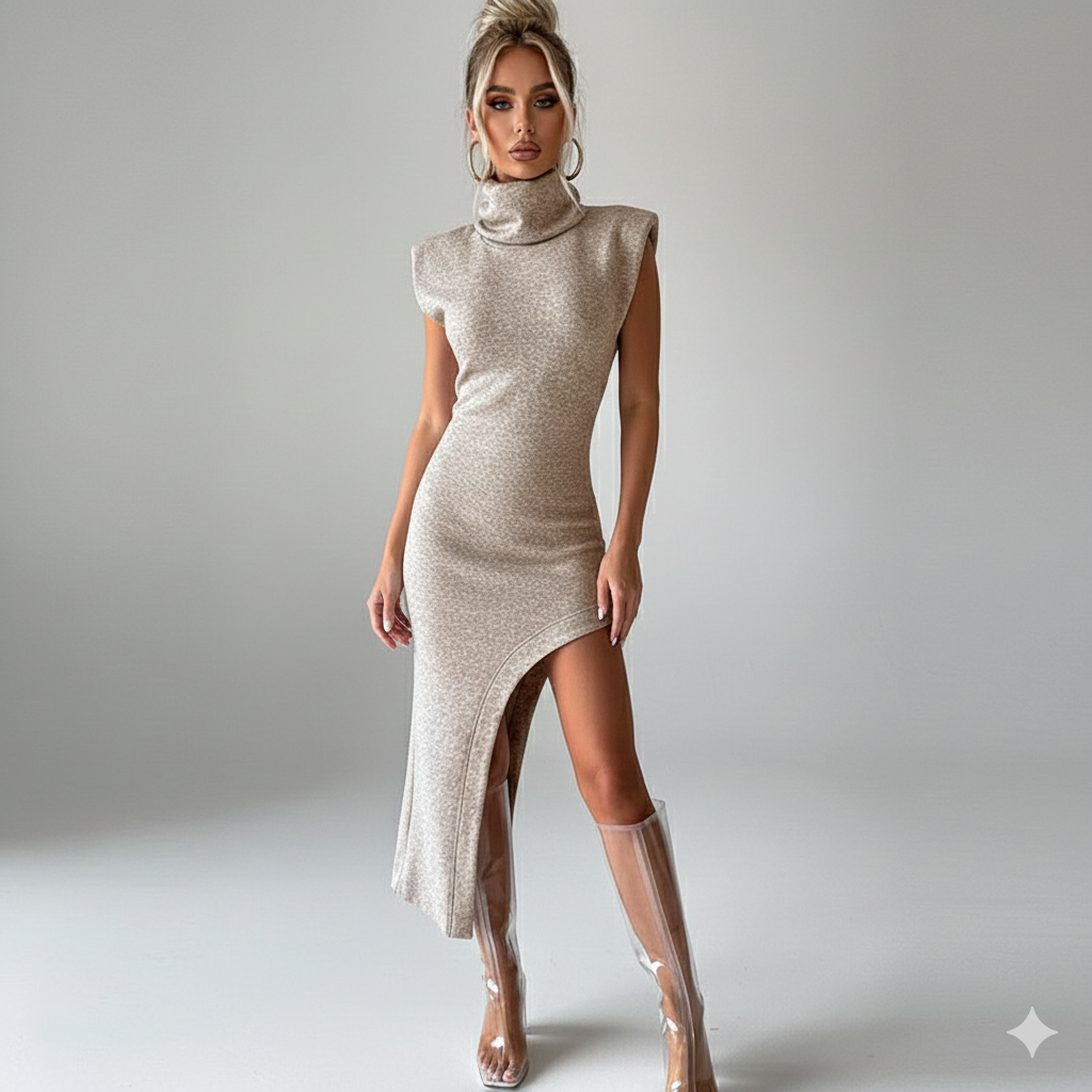 BASIC HIGH NECK SLIT DRESS