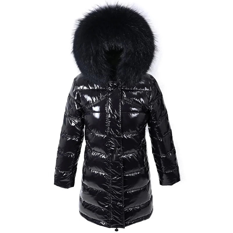 NOIR LUXE – Parka Jacket with Natural Fox Fur and Duck Feather Down LONG BLACK XS