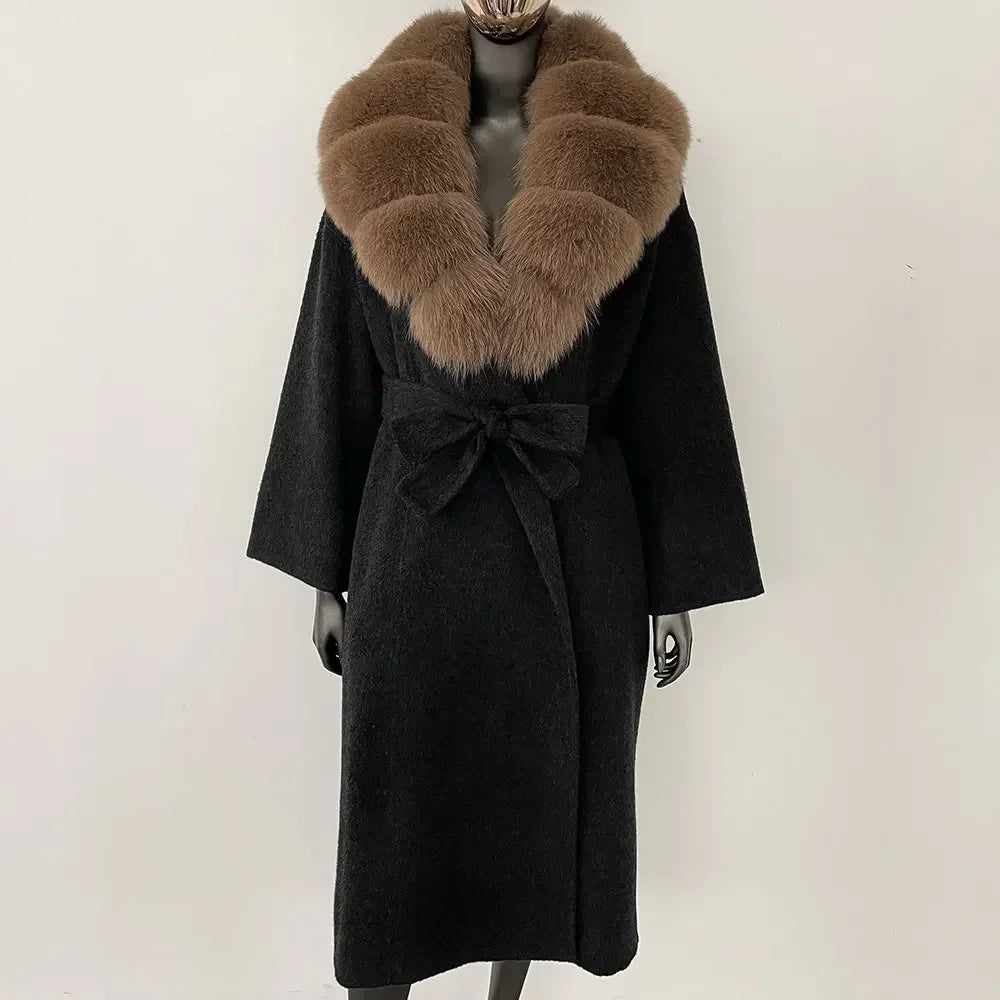 ALIEN SUPERSTAR – Cashmere Wool Coat with 100% Natural Fox Fur BLACK BROWN L