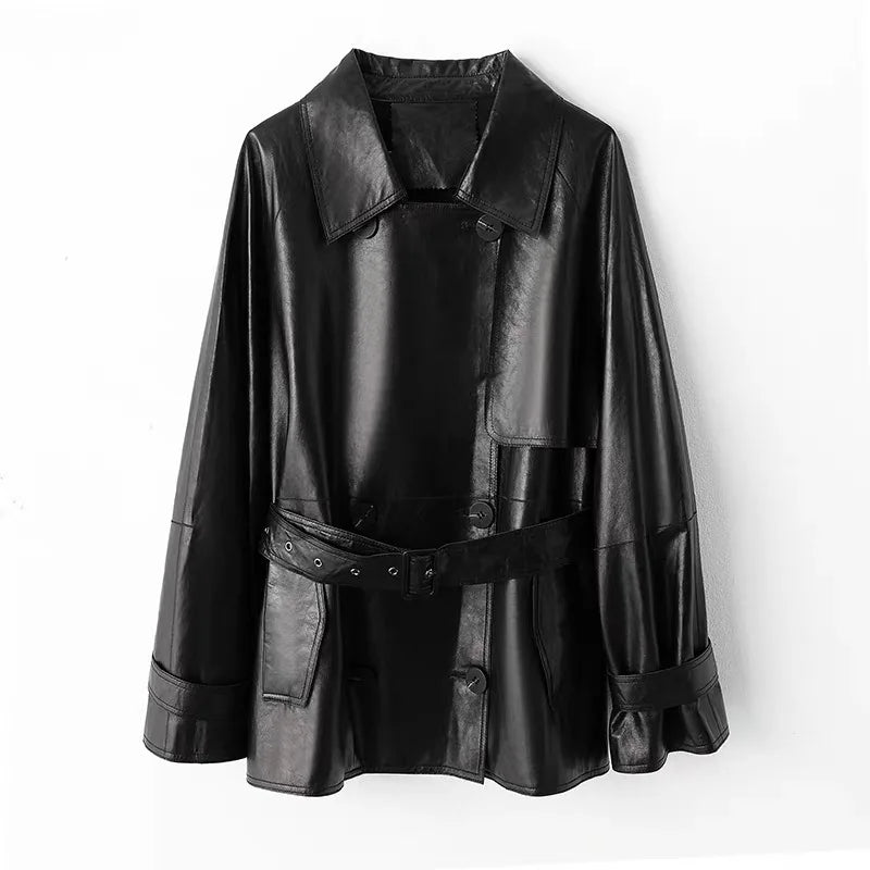 ROQUE – Classic Medium Trench Coat in Sheepskin Leather BLACK S