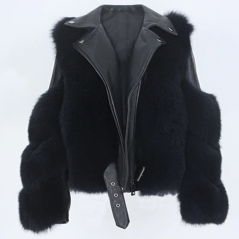 MAVERICK – Sheepskin Leather Biker Jacket with Natural Fox Fur BLACK