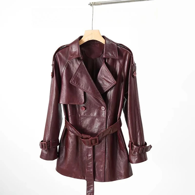 ROQUE – Classic Medium Trench Coat in Sheepskin Leather BURGUNDY S