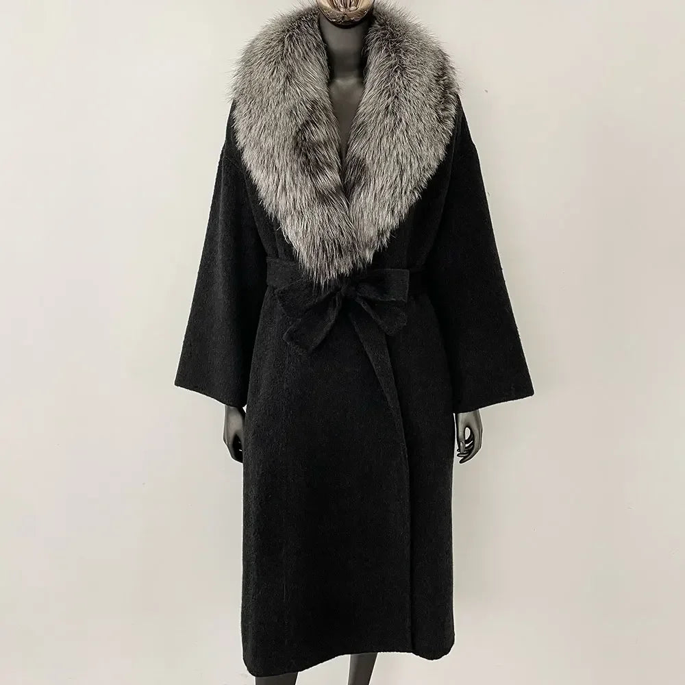 ALIEN SUPERSTAR – Cashmere Wool Coat with 100% Natural Fox Fur BLACK SILVER M
