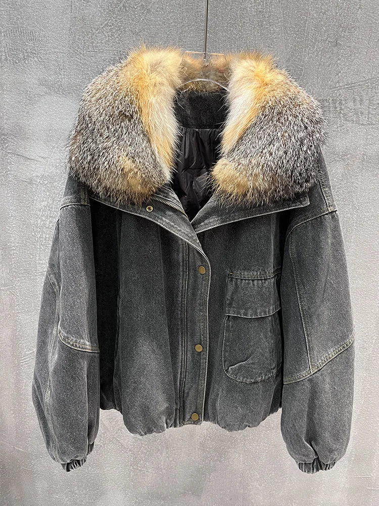 ELLIS – Natural Fox Fur on Denim Jacket DARK GREY M